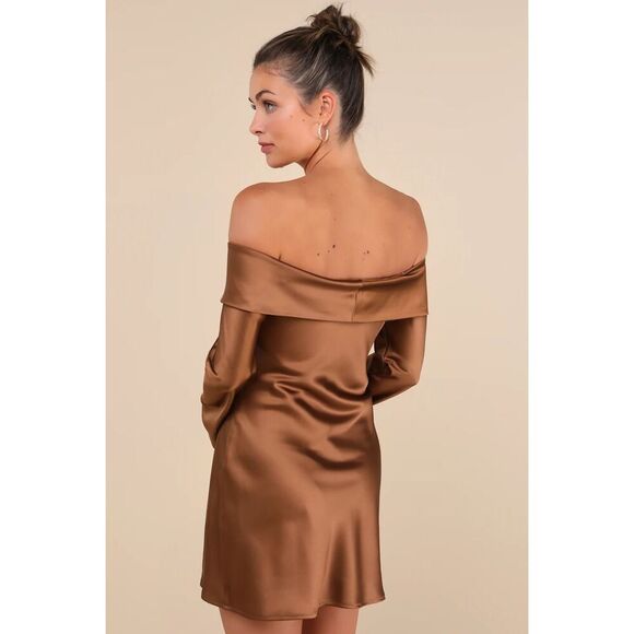 Lulus Luxurious Vision Brown Satin Off-the-Shoulder Mini Dress Size S NWT - Picture 3 of 9
